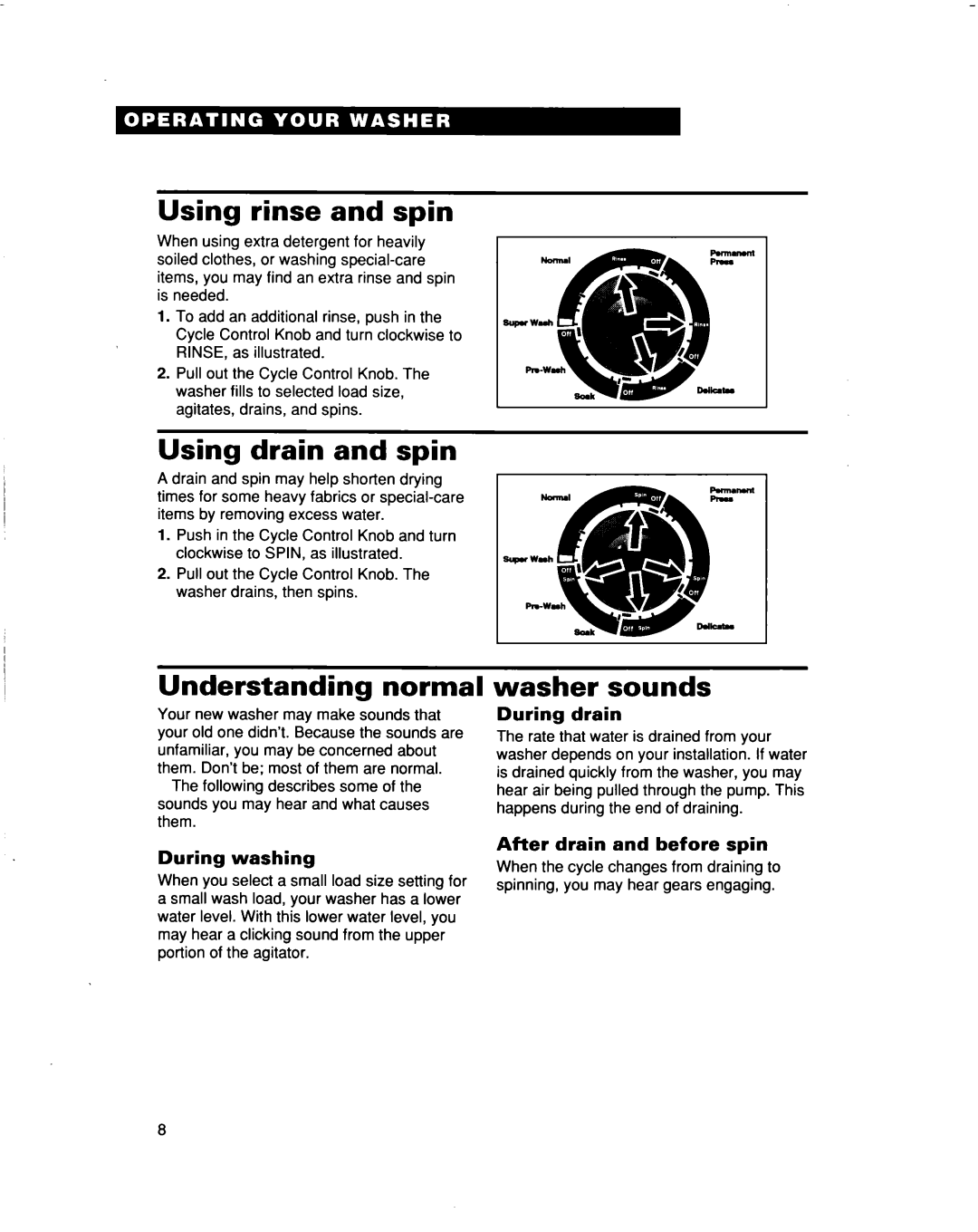 Whirlpool 3363565 warranty Using rinse and spin, Using drain and spin, Understanding normal, Washer sounds 