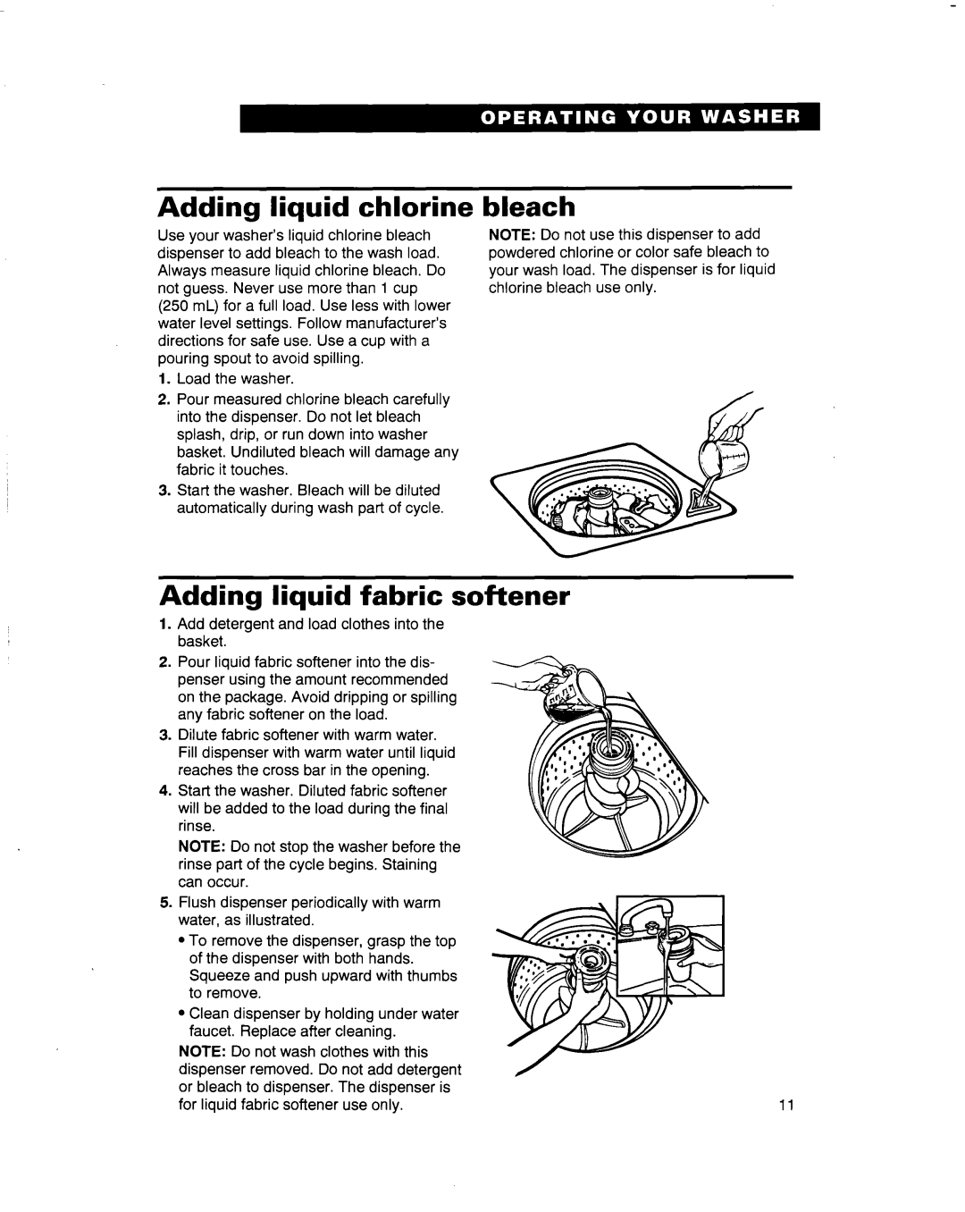 Whirlpool 3363569 warranty Adding liquid chlorine, Bleach Adding liquid fabric softener 