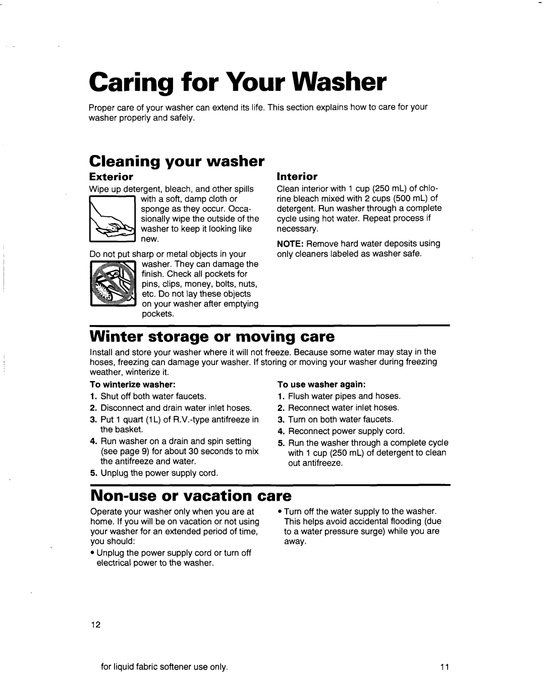 Whirlpool 3363569 Caring for Your Washer, Cleaning your washer, Winter storage or moving care, Non-use or vacation care 