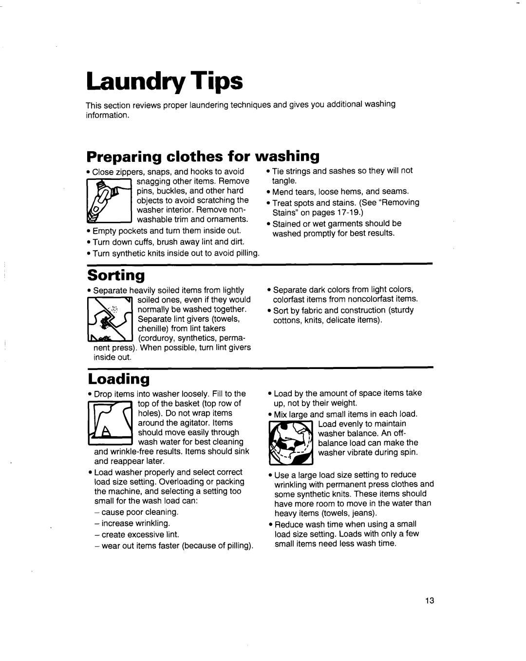 Whirlpool 3363569 warranty Laundry Tips, Preparing clothes for, Washing, Sorting, Loading 