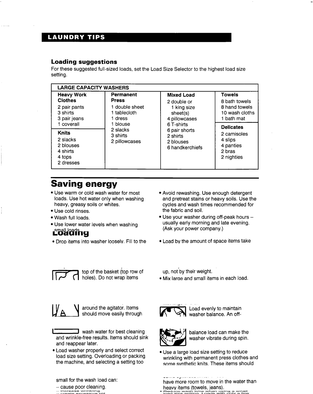 Whirlpool 3363569 warranty Saving energy, Loading suggestions, Capacity Washers 