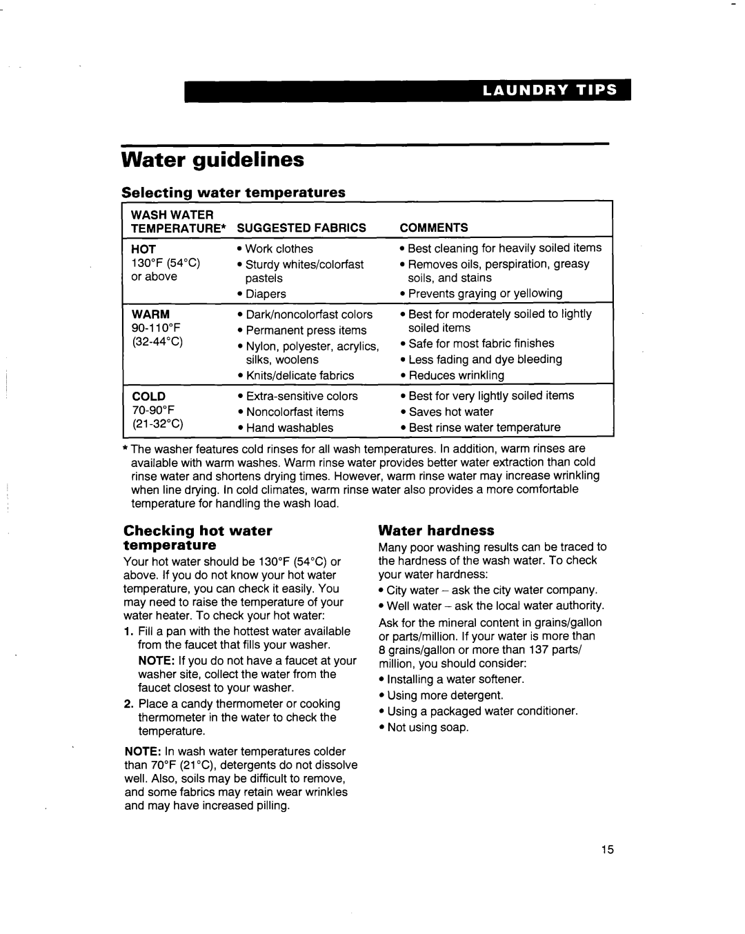 Whirlpool 3363569 warranty Water guidelines, Selecting water temperatures, Checking hot water temperature, Water hardness 