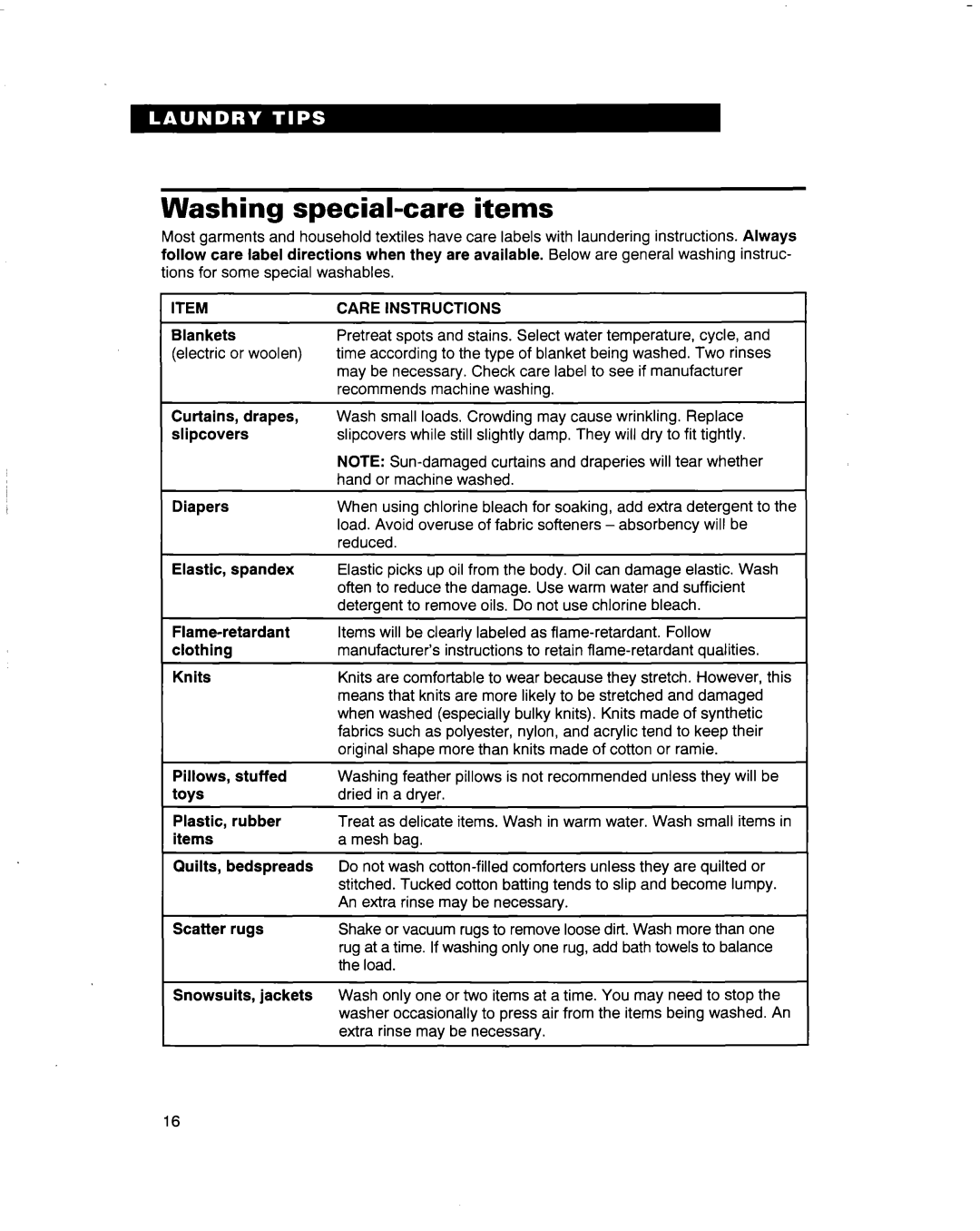 Whirlpool 3363569 warranty Washing special-care items, Instructions 