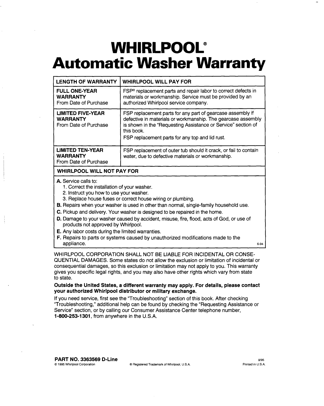 Whirlpool 3363569 warranty Automatic Washer Warranty 