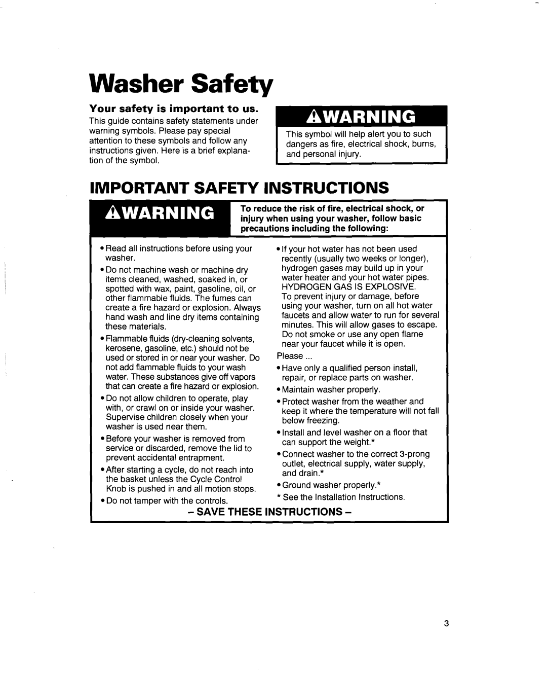 Whirlpool 3363569 warranty Washer Safety, Your safety is important to us 