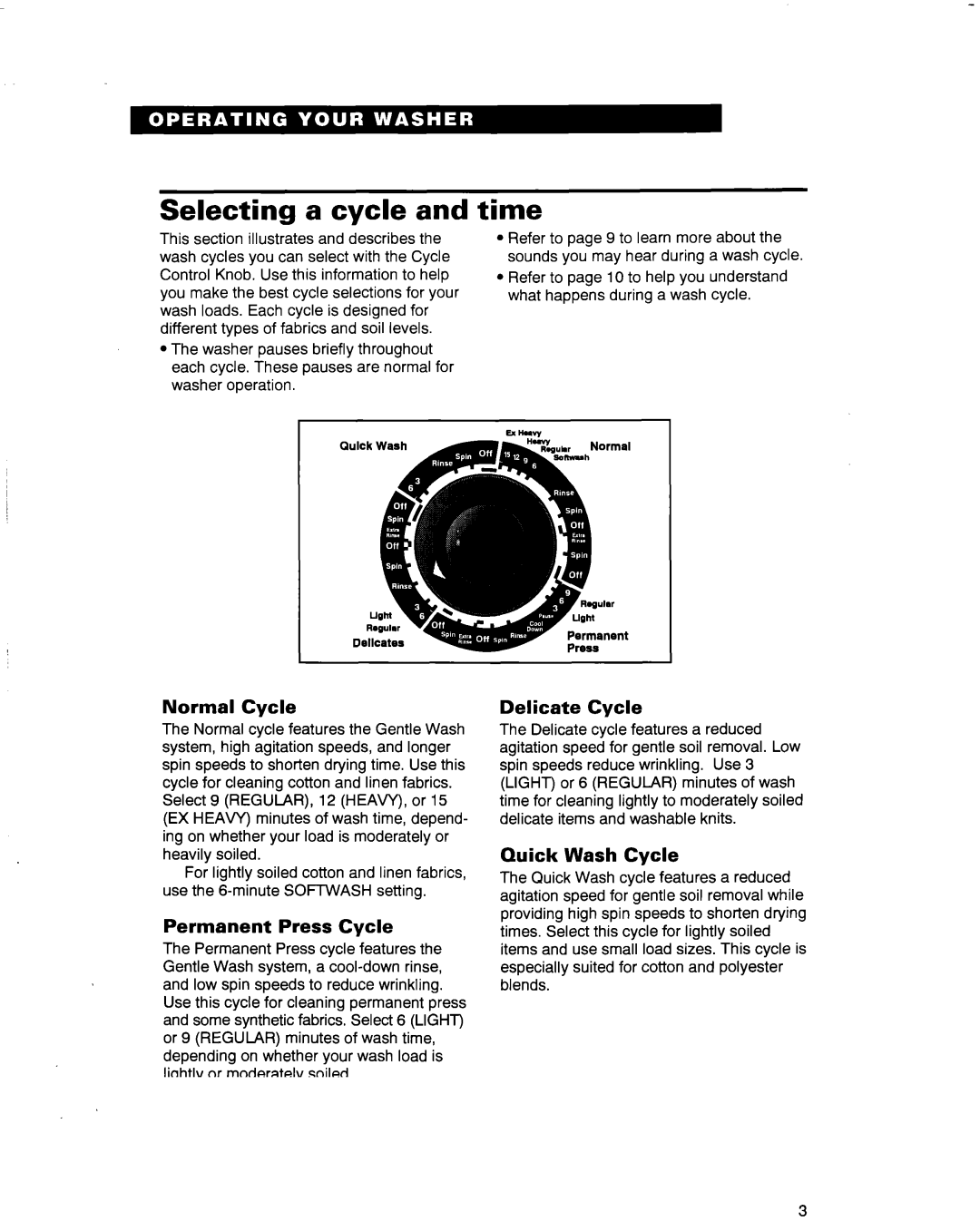 Whirlpool 3363569 warranty Selecting a cycle, Time 