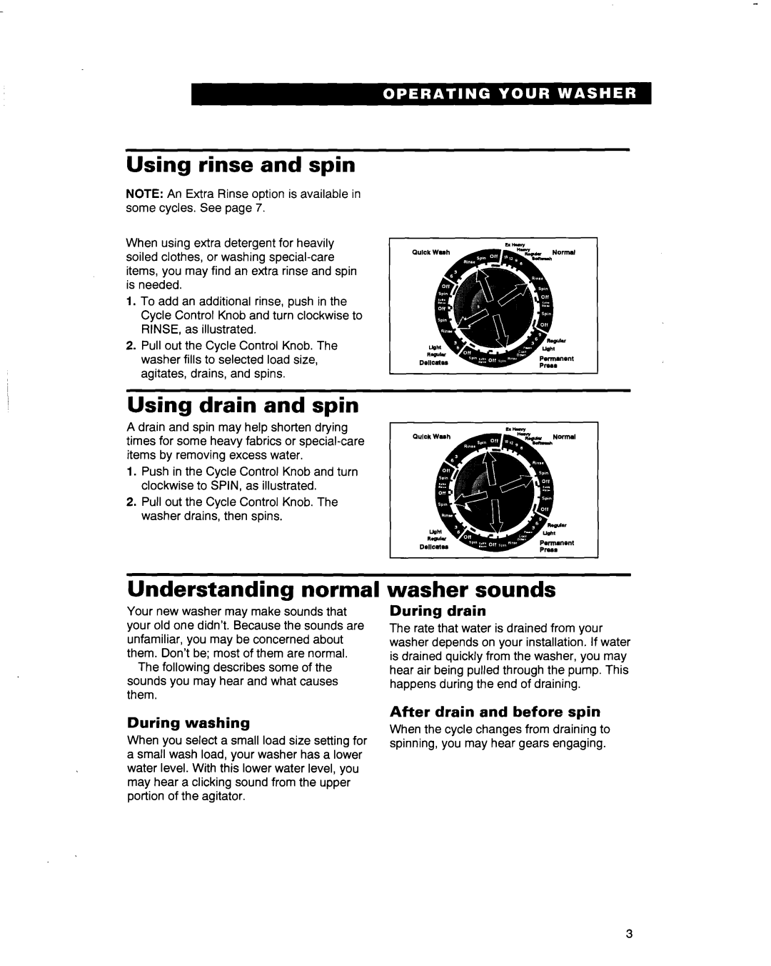 Whirlpool 3363569 warranty Using rinse and spin, Using drain and spin, Understanding normal, Washer sounds 