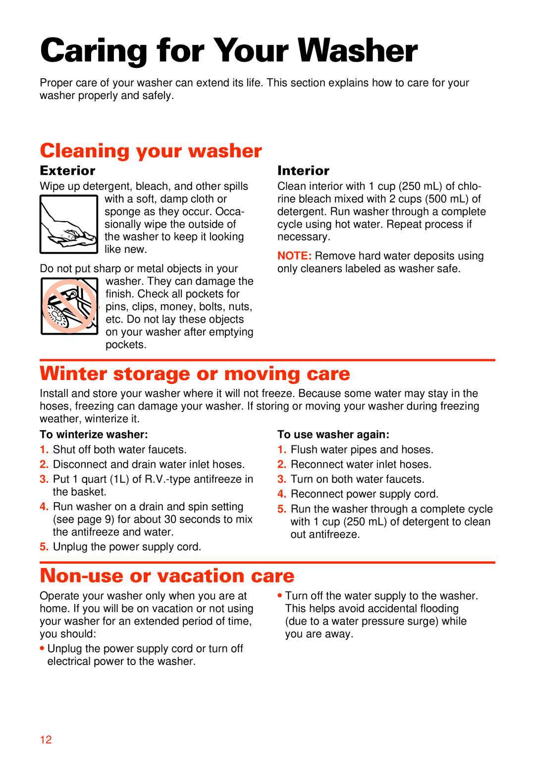 Whirlpool 3363573 Caring for Your Washer, Cleaning your washer, Winter storage or moving care, Non-use or vacation care 