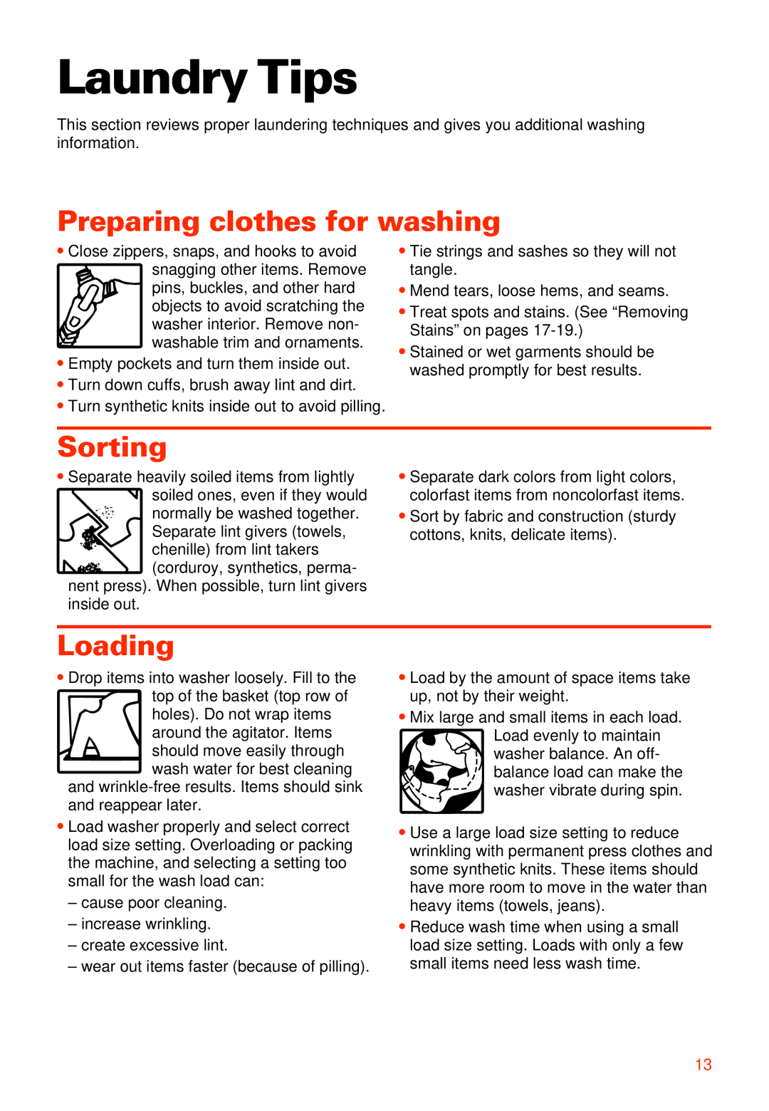 Whirlpool 3363573 warranty Laundry Tips, Preparing clothes for washing, Sorting, Loading 