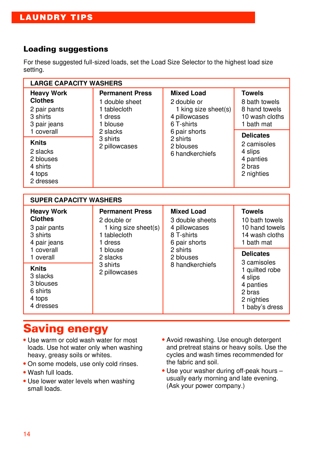 Whirlpool 3363573 warranty Saving energy, Laundry Tips, Loading suggestions, Large Capacity Washers, Super Capacity Washers 