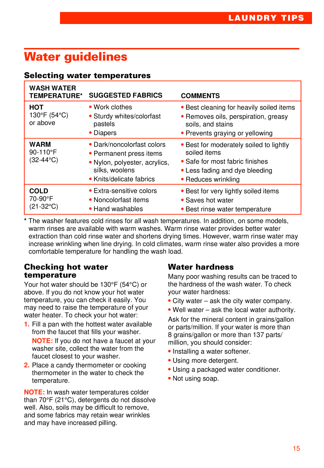 Whirlpool 3363573 warranty Water guidelines, Selecting water temperatures, Checking hot water temperature, Water hardness 