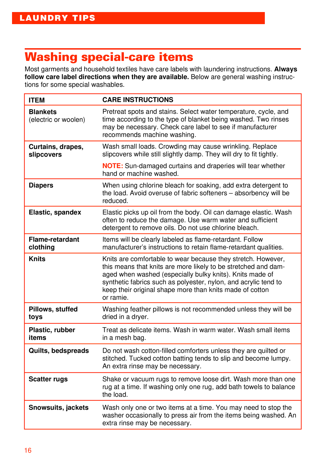 Whirlpool 3363573 warranty Washing special-care items, Care Instructions 