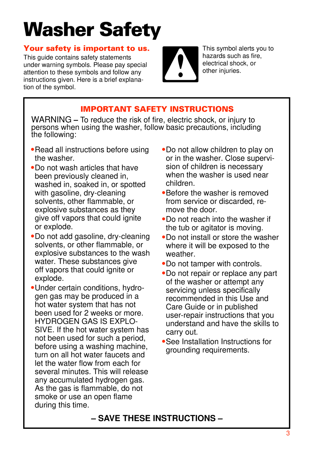 Whirlpool 3363573 warranty Washer Safety, Your safety is important to us 