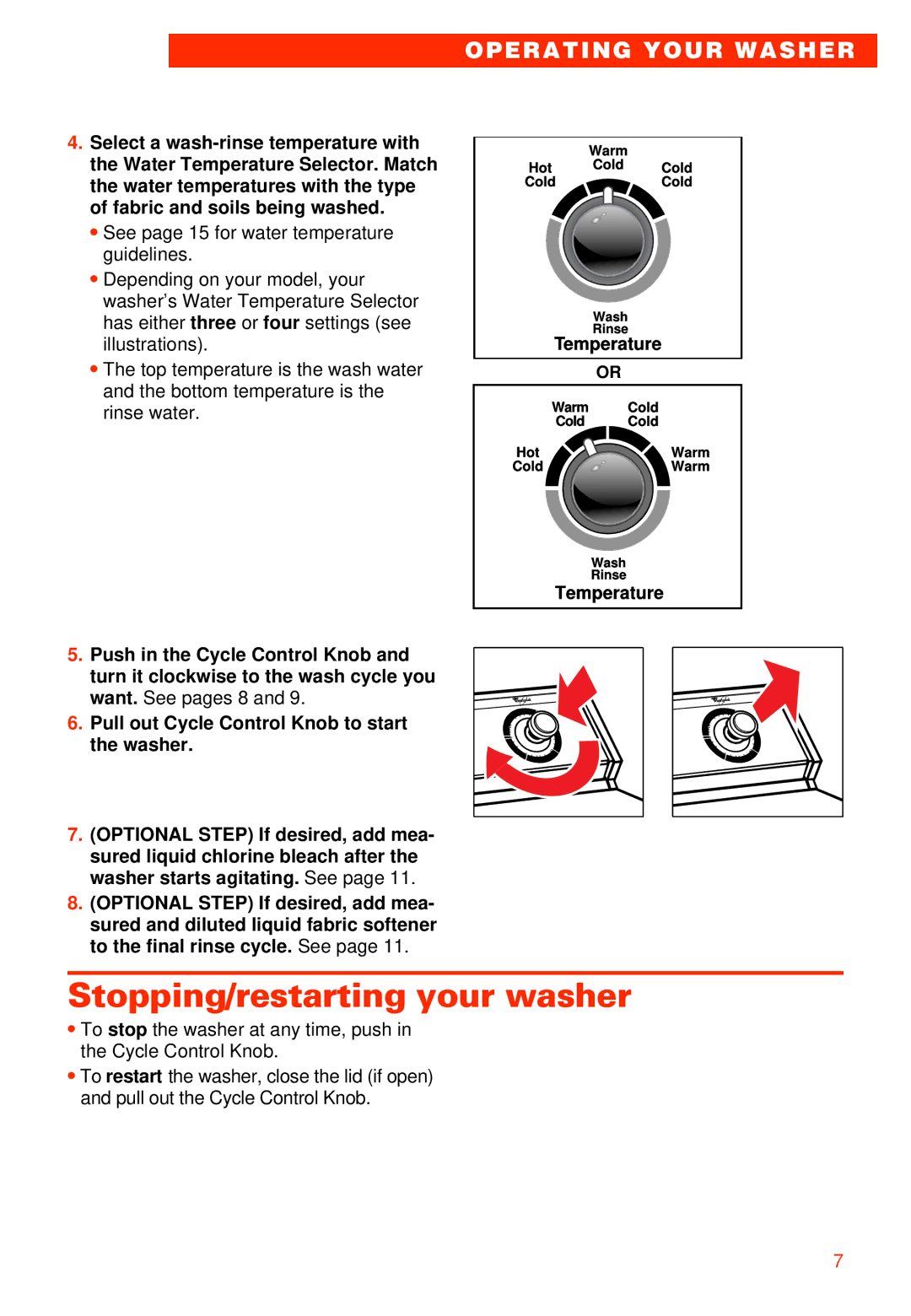 Whirlpool 3363573 warranty Stopping/restarting your washer, Temperature 