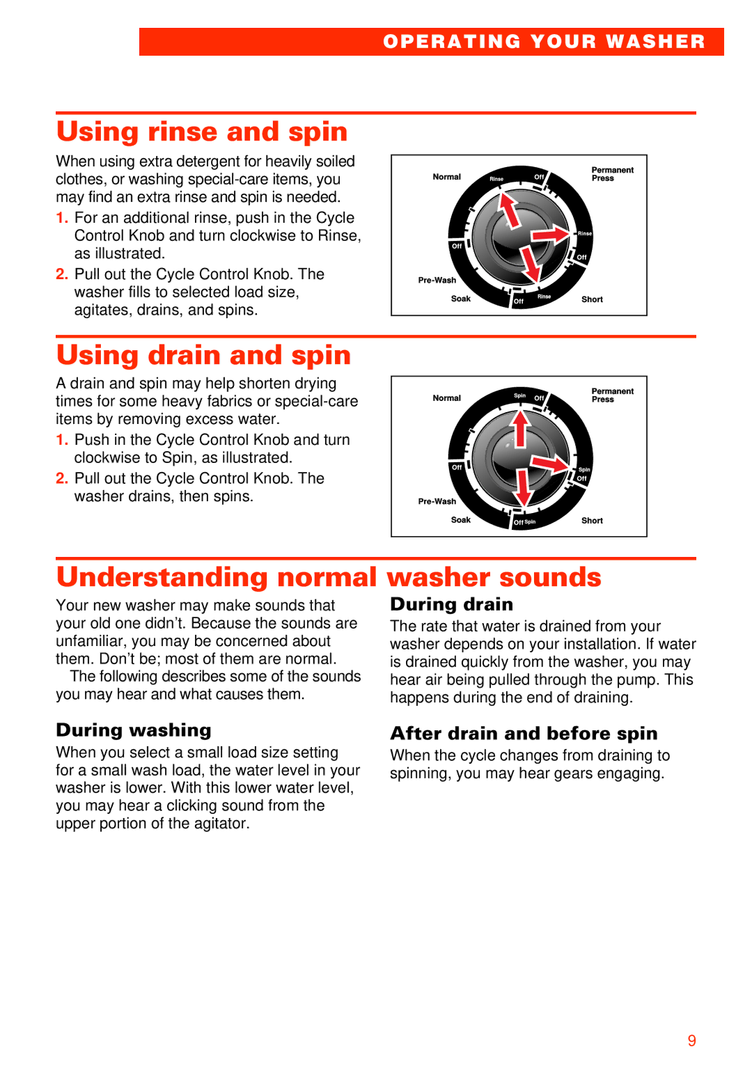 Whirlpool 3363573 warranty Using rinse and spin, Using drain and spin, Understanding normal washer sounds 