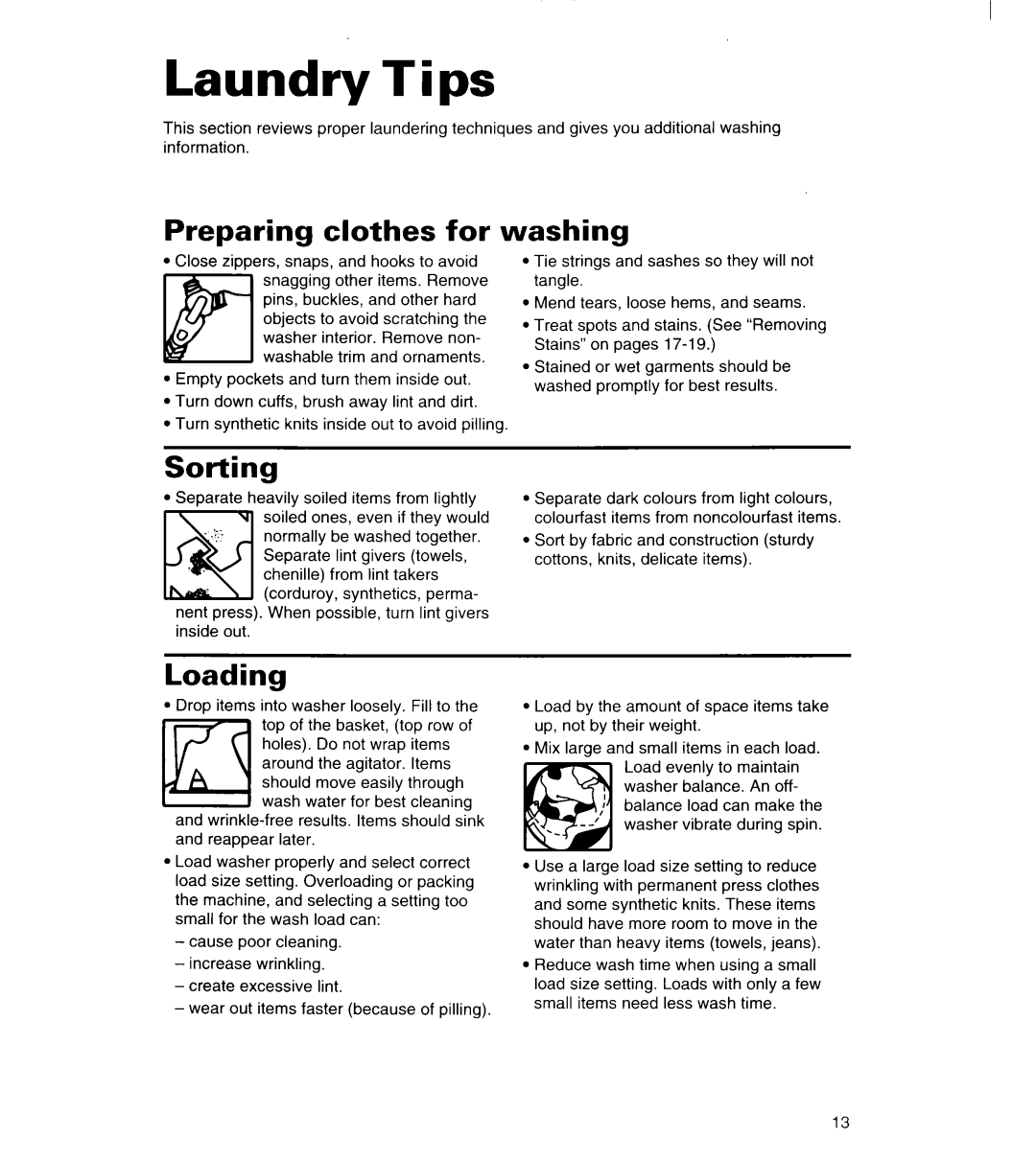 Whirlpool 3363834 warranty Laundry Tips, Preparing clothes for, Washing, Sorting, Loading 