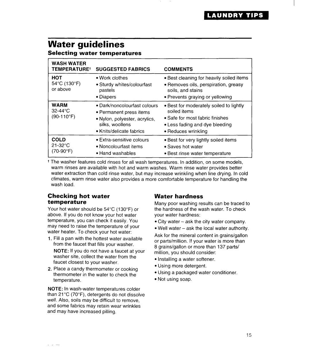 Whirlpool 3363834 warranty Water Guidelines, Selecting Water Temperatures, Checking hot water temperature, Water hardness 