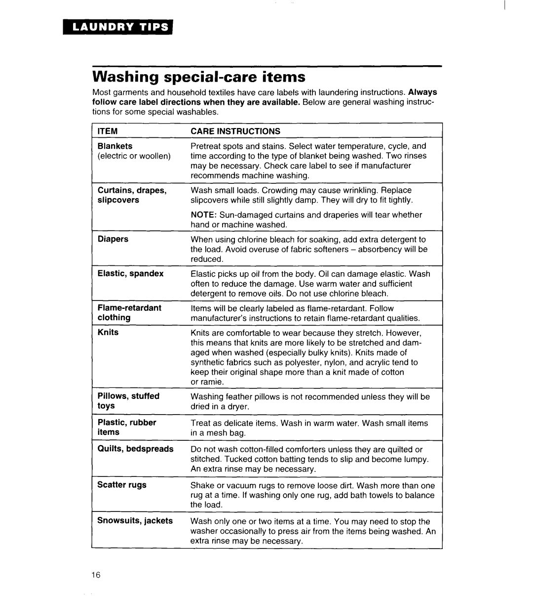 Whirlpool 3363834 warranty Washing special-care items, Care Instructions 