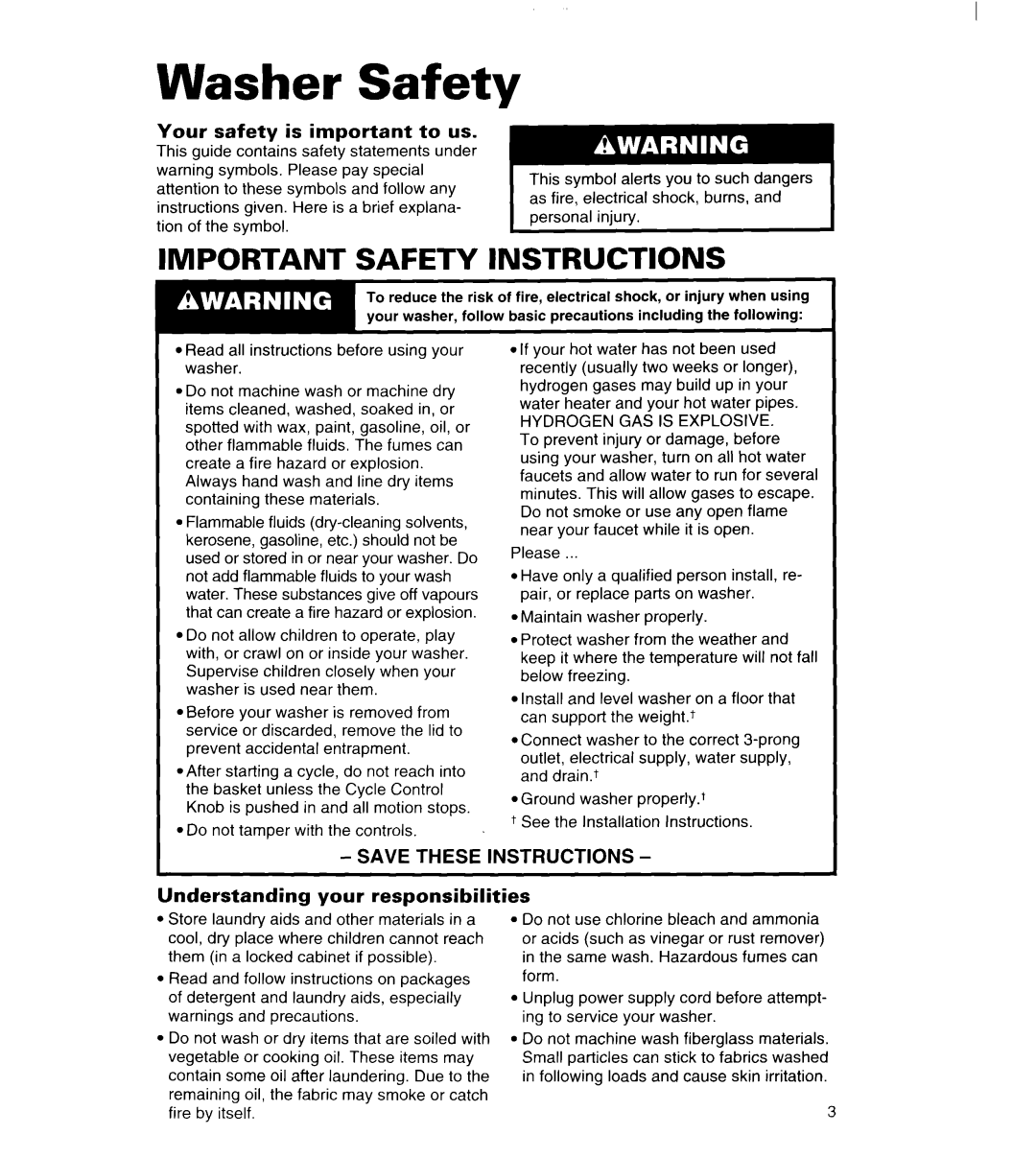 Whirlpool 3363834 warranty Washer Safety, Your safety is important to us, Understanding your responsibilities 