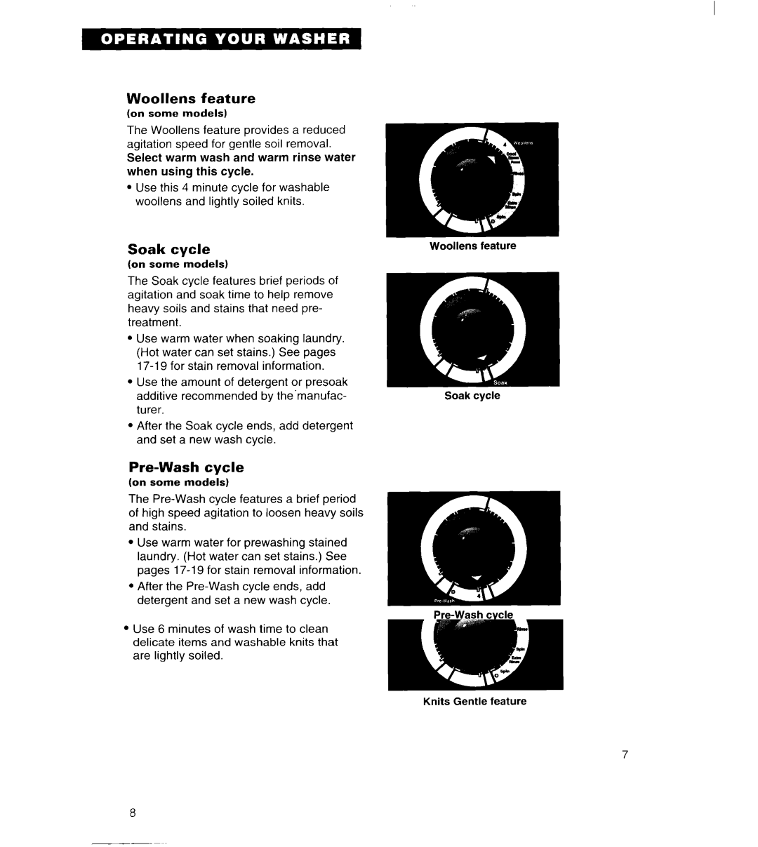 Whirlpool 3363834 warranty Woollens feature, Soak cycle, Pre-Wash cycle, Super Wash cycle 