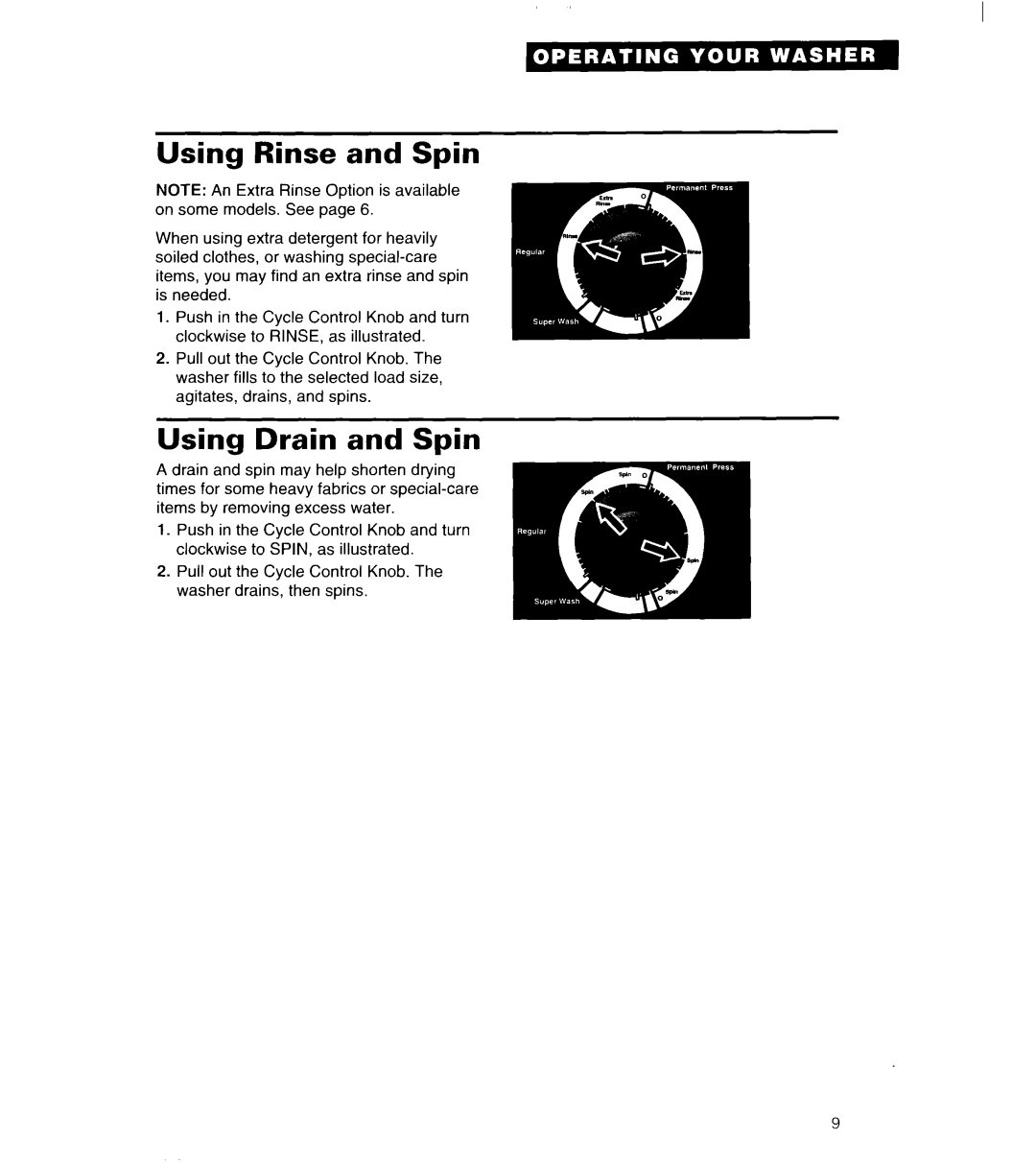 Whirlpool 3363834 warranty Using Rinse and Spin, Using Drain and Spin 