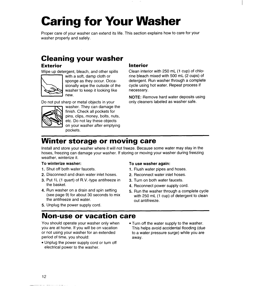 Whirlpool 3363834 Caring for Your Washer, Cleaning your washer, Winter storage or moving care, Non-use or vacation care 