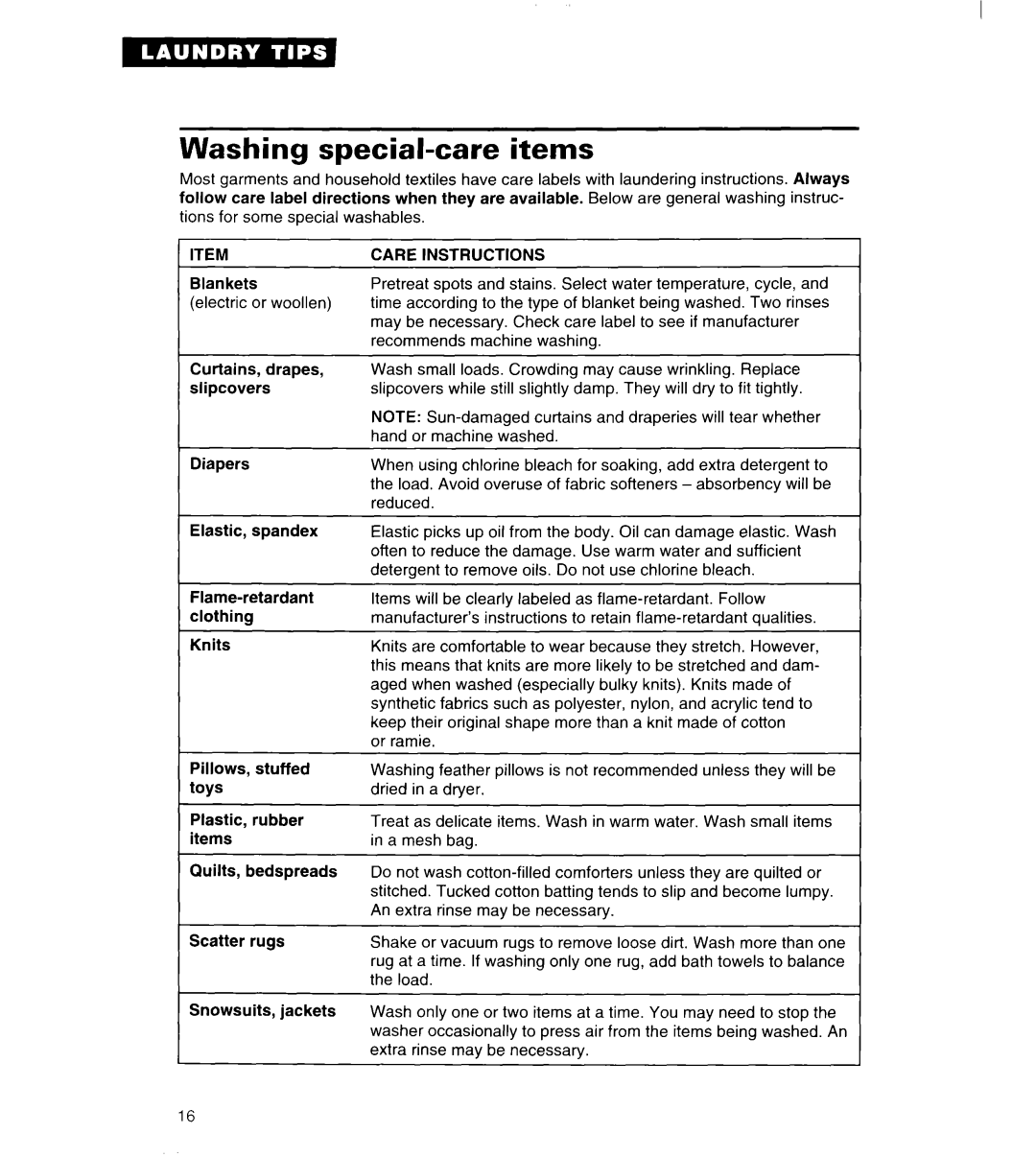 Whirlpool 3363834 warranty Washing special-care items, Flame-retardant clothing, manufacturer’s 