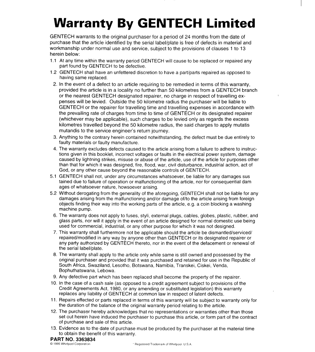 Whirlpool 3363834 warranty Warranty By GENTECH Limited 