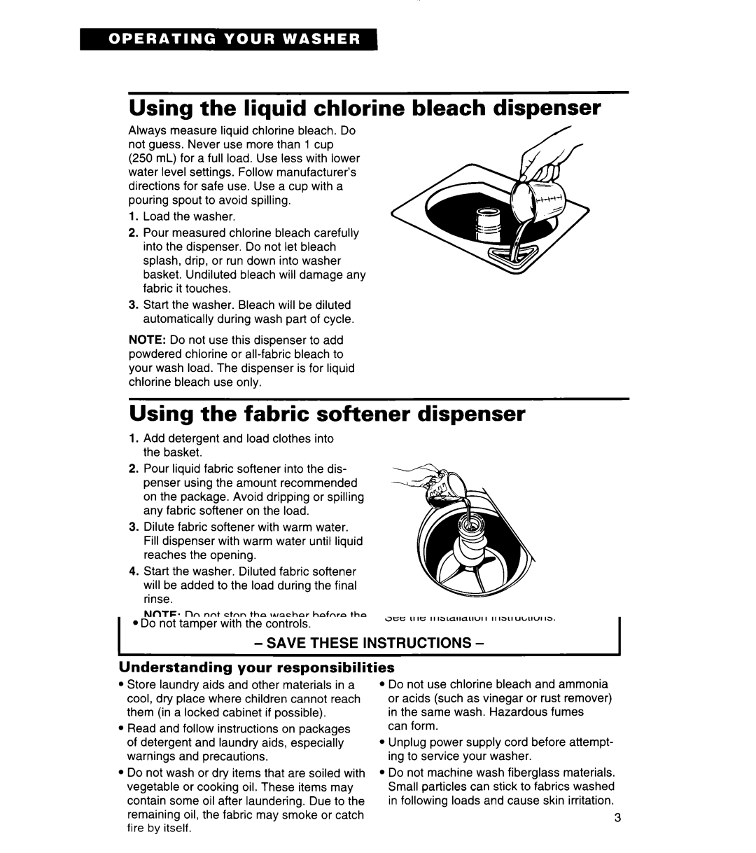 Whirlpool 3366859 warranty Using the liquid chlorine bleach dispenser, Using the fabric softener dispenser 