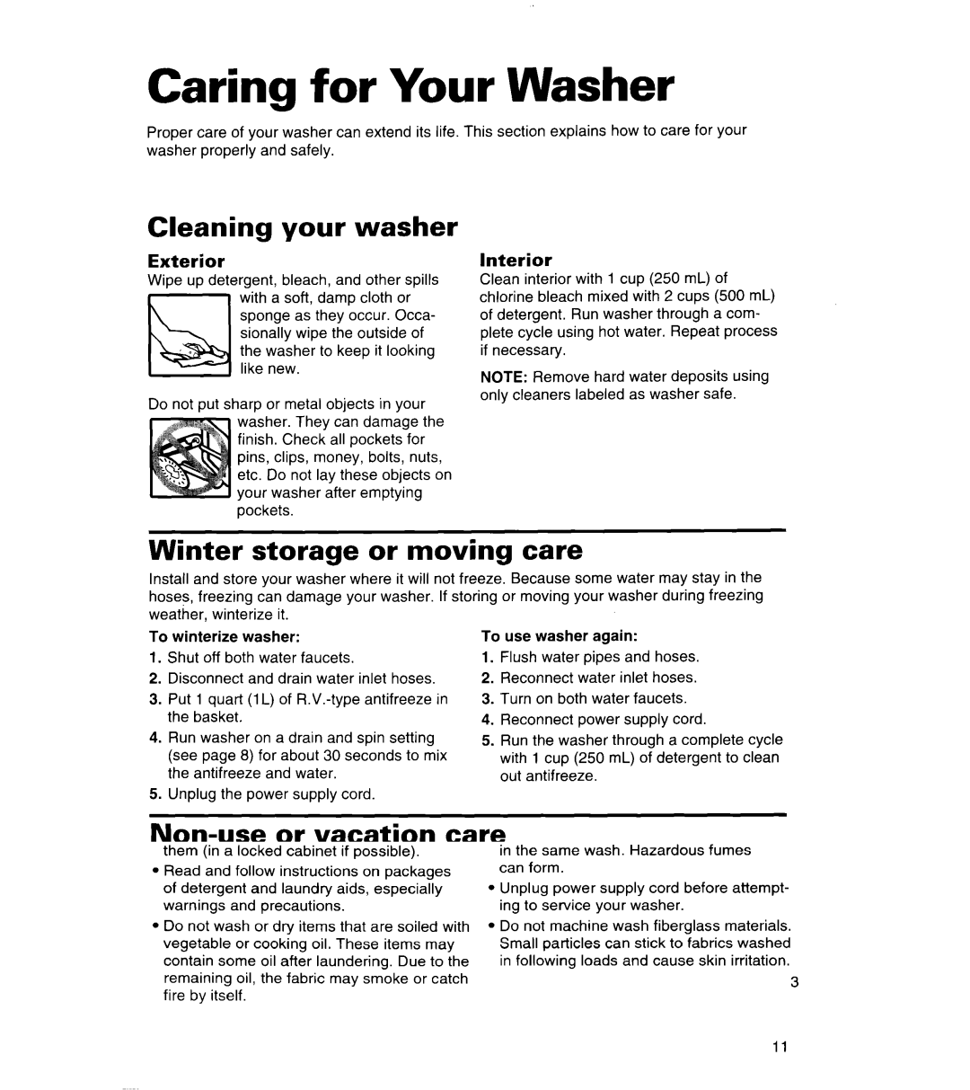 Whirlpool 3366859 Caring for Your Washer, Cleaning your washer, Winter storage or moving care, Non-use or vacation care 