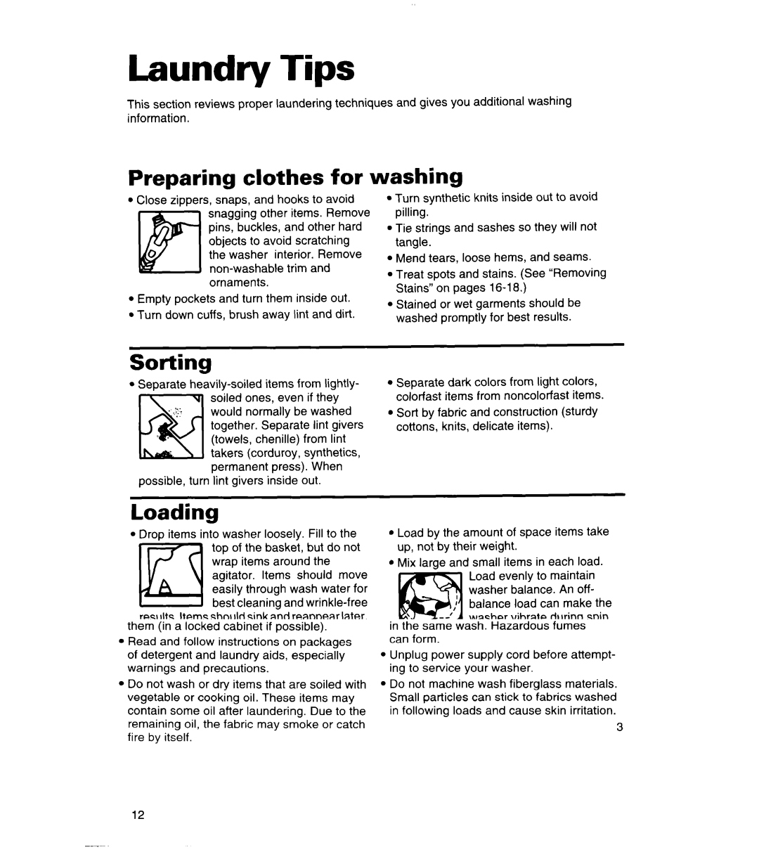 Whirlpool 3366859 warranty Laundry Tips, Preparing clothes for washing, Sorting, Loading 