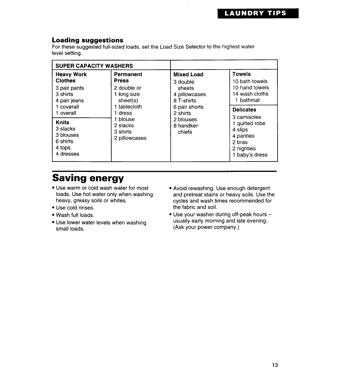 Whirlpool 3366859 warranty Saving energy, Loading suggestions, Super Capacity Washers 