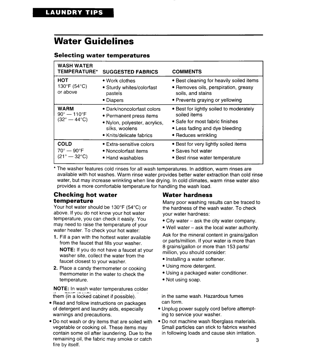 Whirlpool 3366859 warranty Water Guidelines, Selecting, Temperatures, Checking hot water temperature, Water hardness 