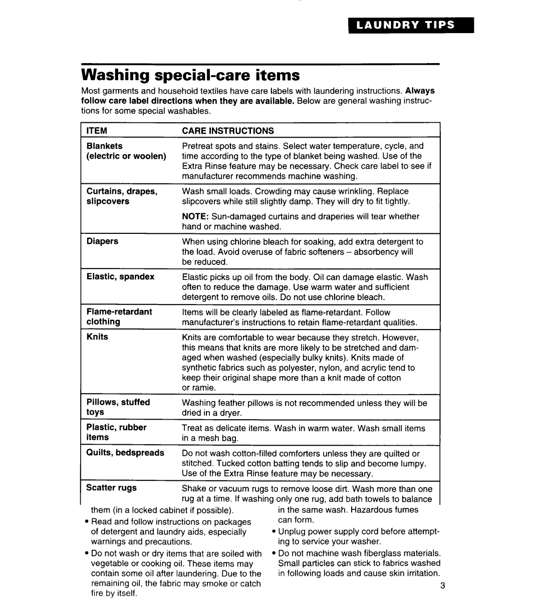 Whirlpool 3366859 warranty Washing special-care items, Care Instructions 