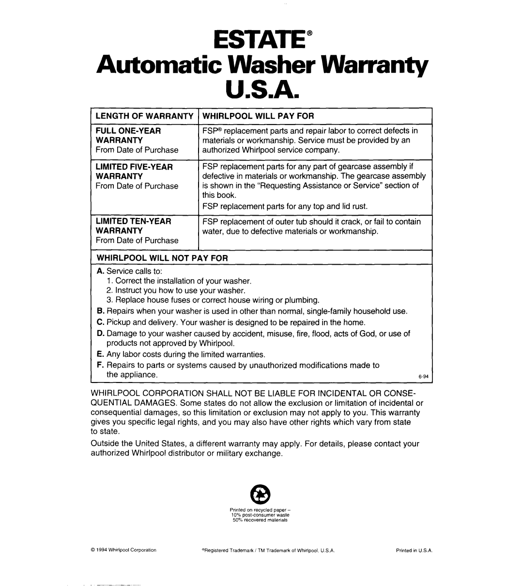 Whirlpool 3366859 Automatic Washer Warranty, Length of Warranty, Whirlpool will PAY for, Whirlpool will not PAY for 