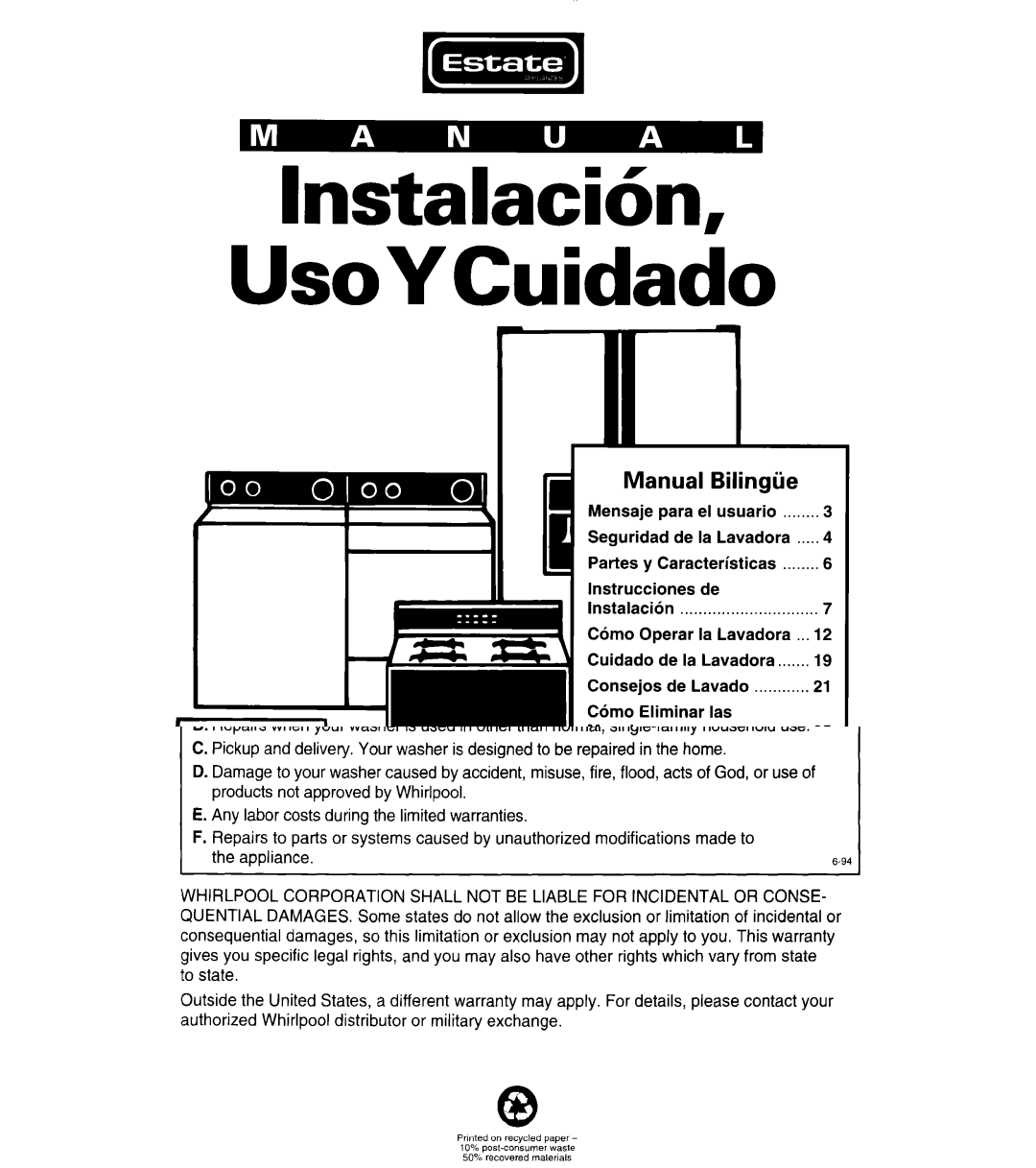 Whirlpool 3366859 warranty Instalach UsoYCuidado 