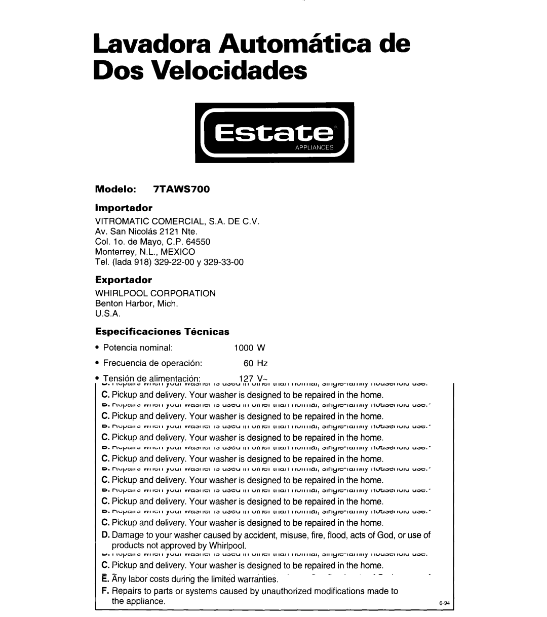 Whirlpool 3366859 warranty Lavadora Automhtica de DOS Velocidades, Vitromatic COMERCIAL, S.A. DE C.V, Whirlpool Corporation 