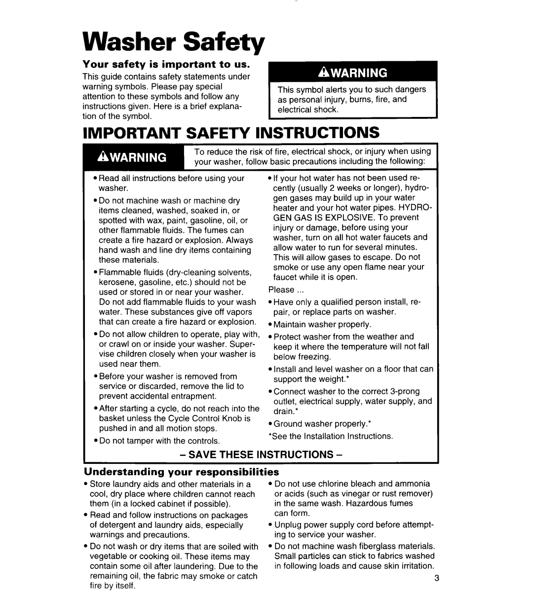 Whirlpool 3366859 warranty Washer Safety, Your safety is important to us, Understanding your responsibilities 