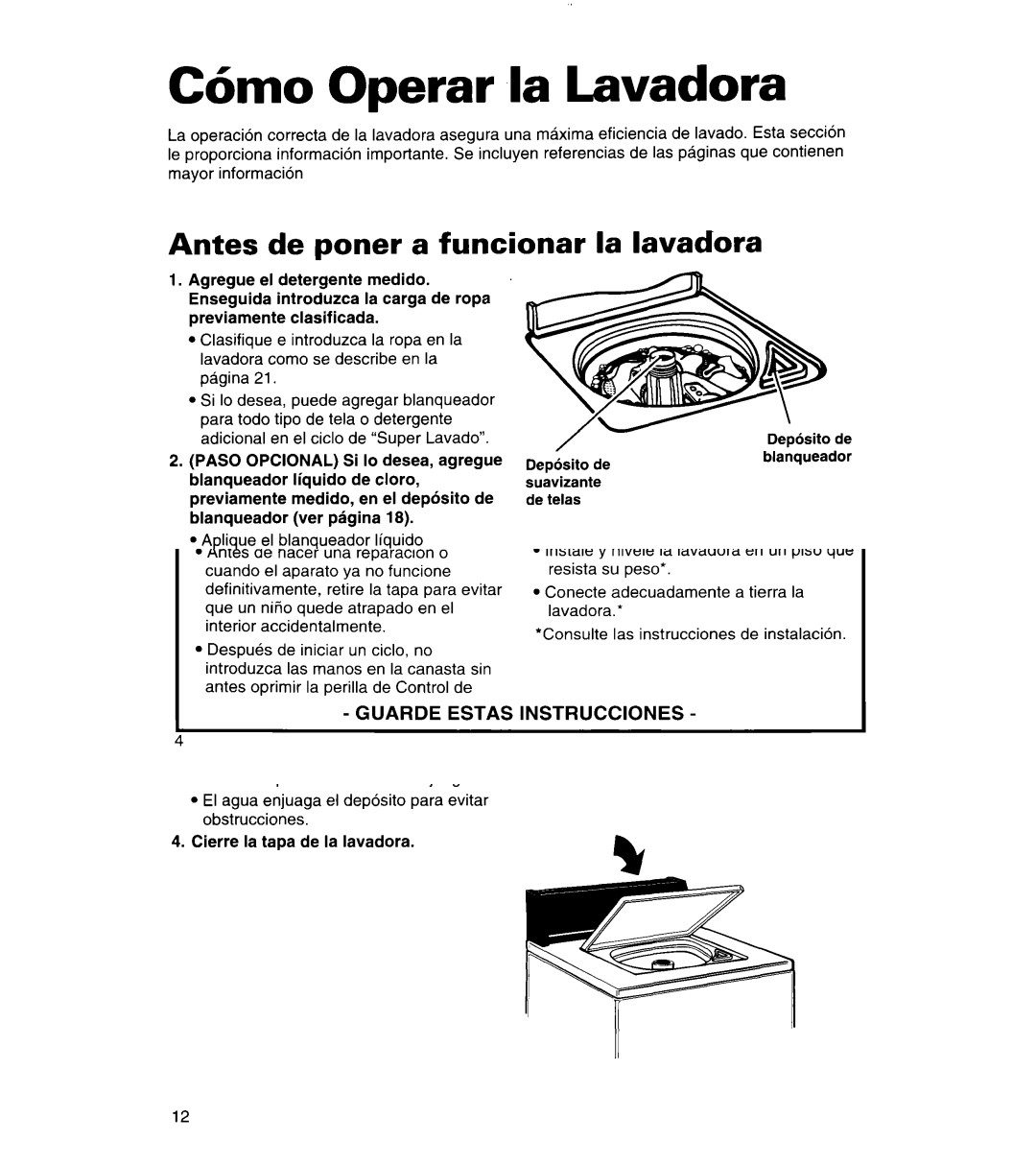 Whirlpool 3366859 warranty C6mo Operar la Lavadora, Antes de poner a funcionar la lavadora 