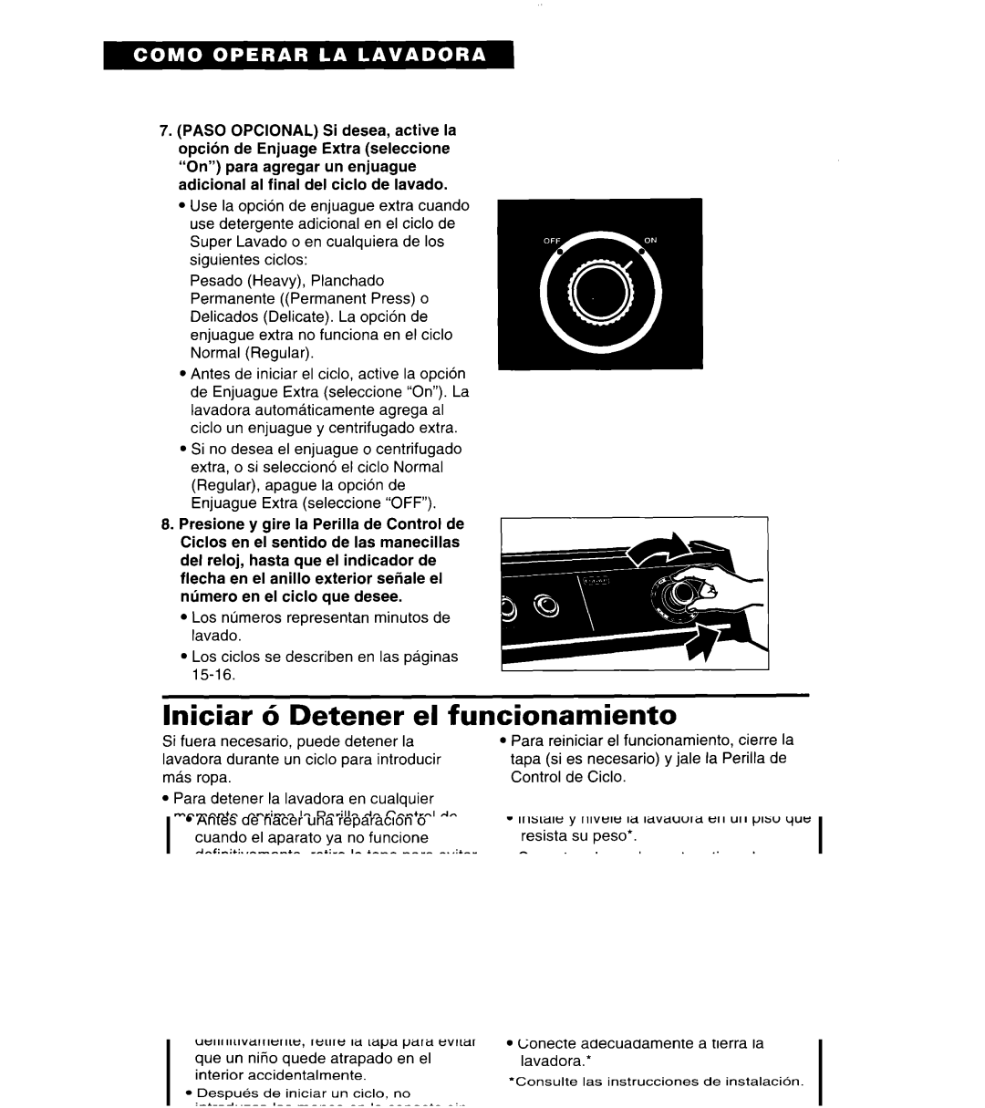 Whirlpool 3366859 warranty Lniciar 6 Detener el funcionamiento 