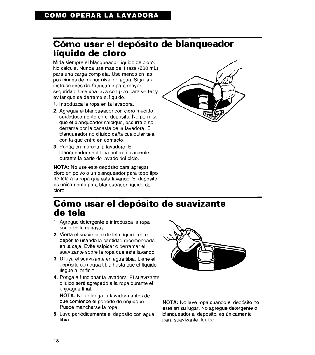 Whirlpool 3366859 warranty C6mo usar el depbsito liquid0 de cloro, C6mo usar el depbsito de suavizante de tela 