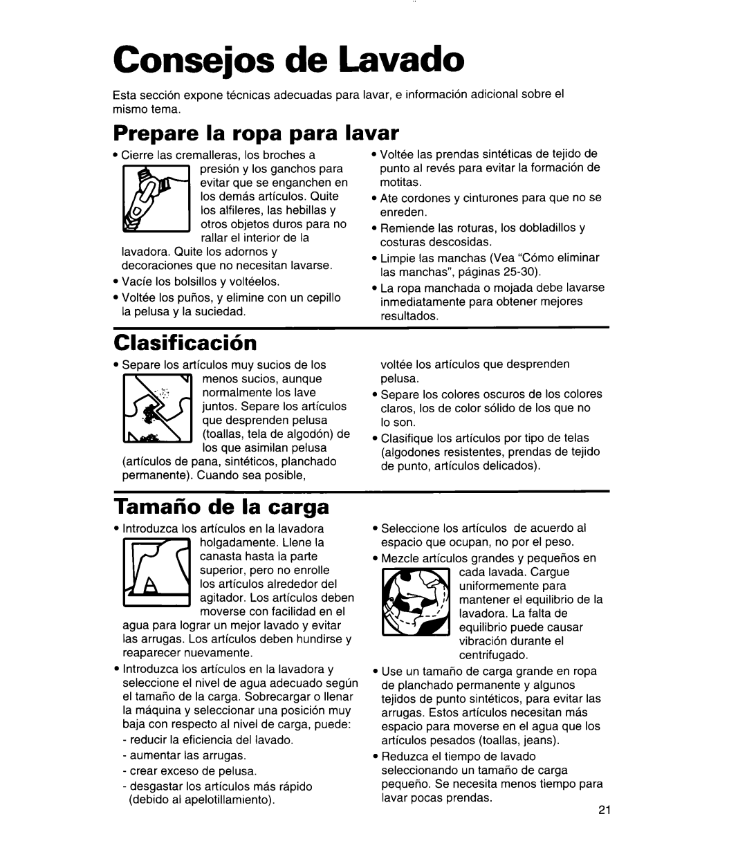 Whirlpool 3366859 warranty Consejos de Lavado, Prepare la ropa para Iavar, Clasif icacih, Tamaiio de la carga 