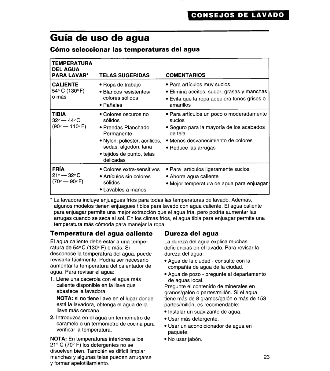 Whirlpool 3366859 warranty Guia de uso de agua, C6mo seleccionar las temperaturas del agua, Temperatura del agua caliente 