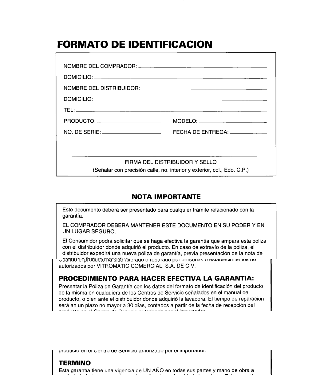 Whirlpool 3366859 warranty Firma DEL Distribuidor Y SELL0, Servicio ACROS-WHIRLPOOL 