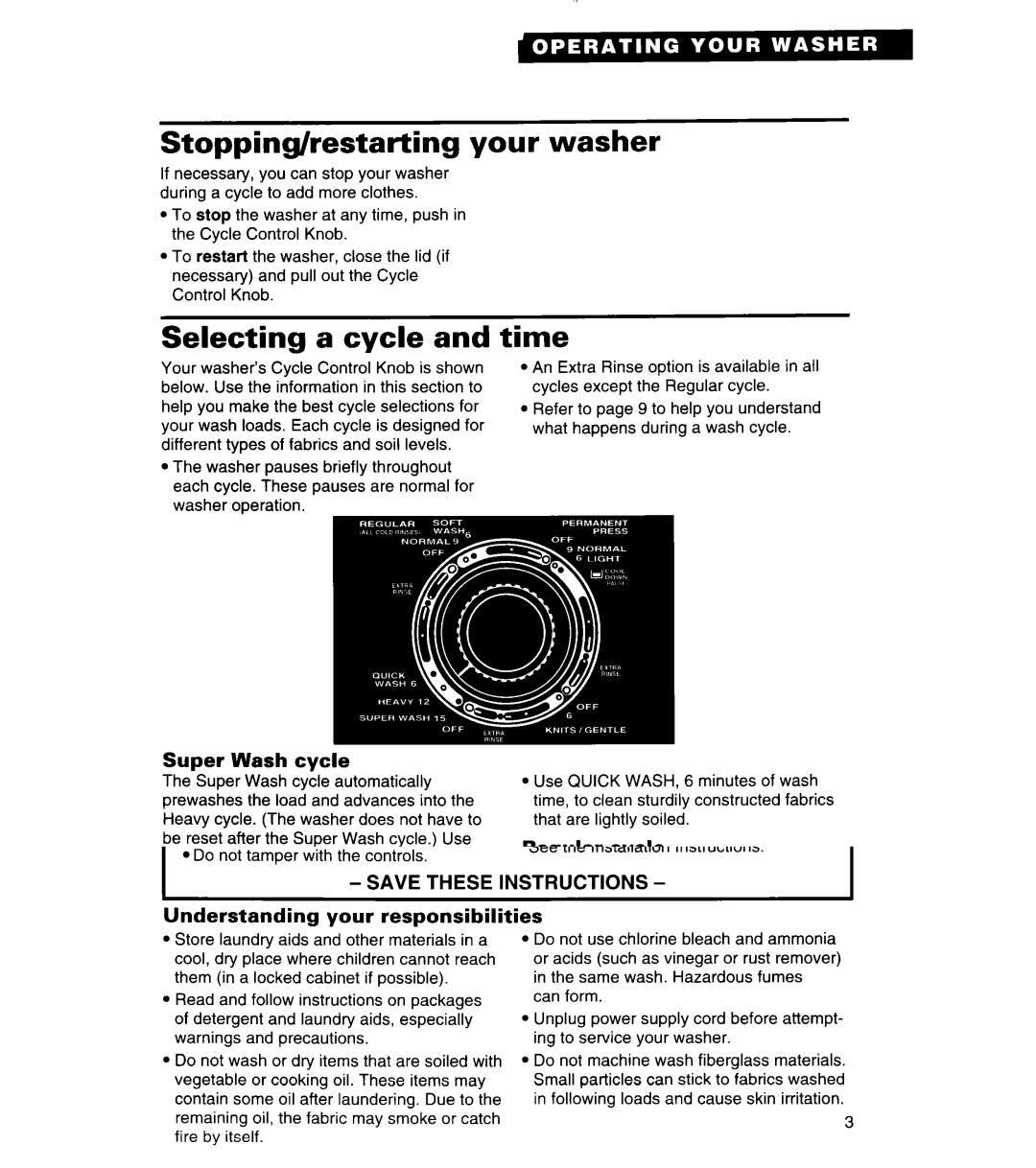 Whirlpool 3366859 warranty Stopping/restarting your washer, Selecting a cycle, Time 