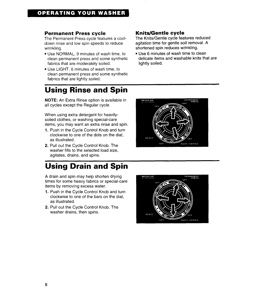 Whirlpool 3366859 warranty Using Rinse and Spin, Using Drain and Spin, Permanent Press cycle, Knits/Gentle cycle 