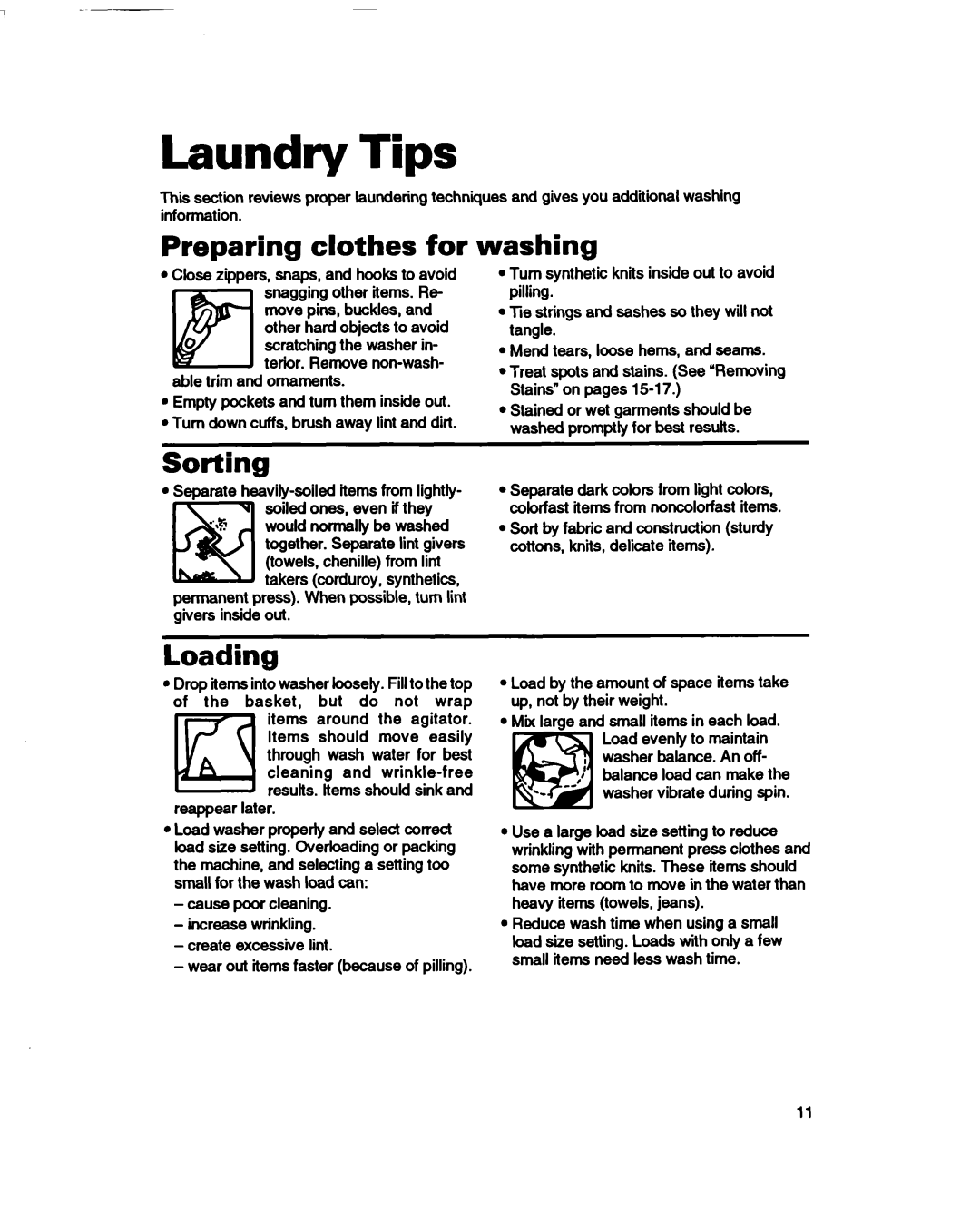 Whirlpool 3366860 warranty Laundry Tips, Preparing clothes for, Washing, Sorting, Loading 