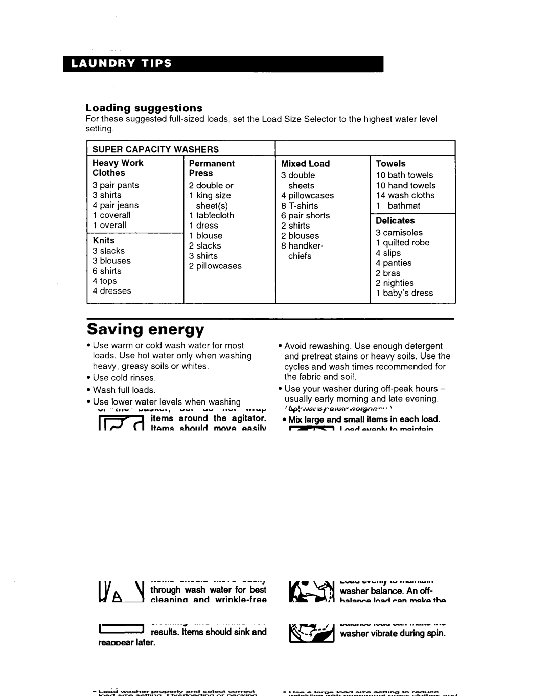 Whirlpool 3366860 warranty Saving energy, Loading suggestions, Super Capacity Washers 