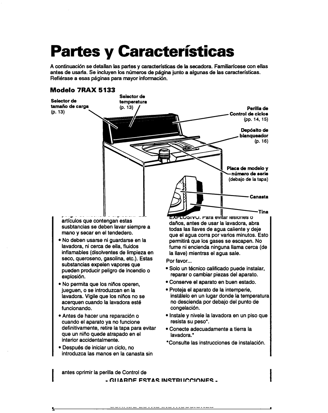 Whirlpool 3366860 warranty Partes y Caracterl’sticas, 5133, Tablero de control 