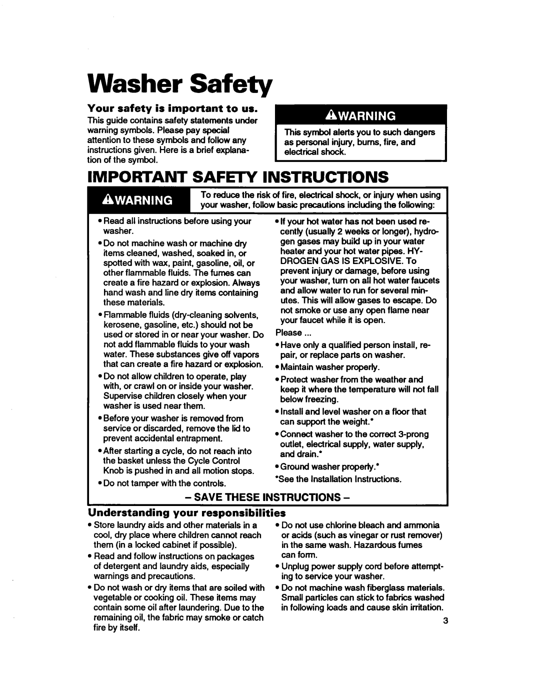 Whirlpool 3366860 warranty Washer Safety, Important SAFEl-Y Instructions, Your safety is important to us 